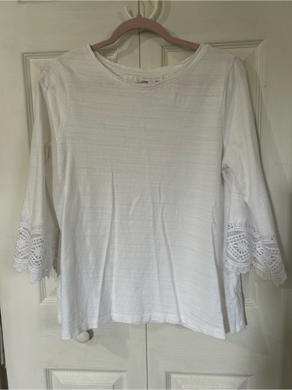 Charter Club White Long Sleeve Tee with Lace Bell Sleeves